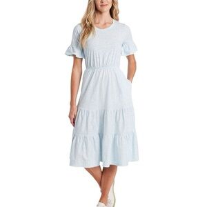 ❤️CeCe Light Blue with White Floral Details Ruffle Sleeve Midi Dress - 1X